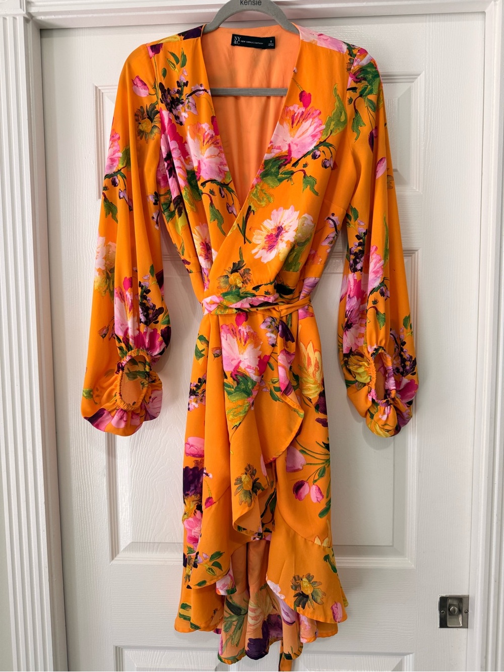New York & Company Orange Floral Wrap Dress with Ruffle Hem